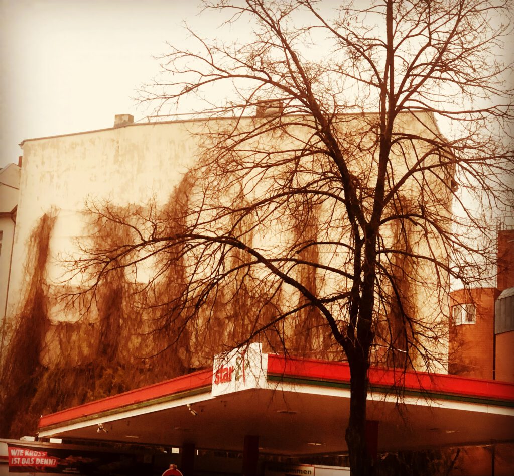 Brandmauer von Bäumen bewachsen in Berlin vor einer Tankstelle