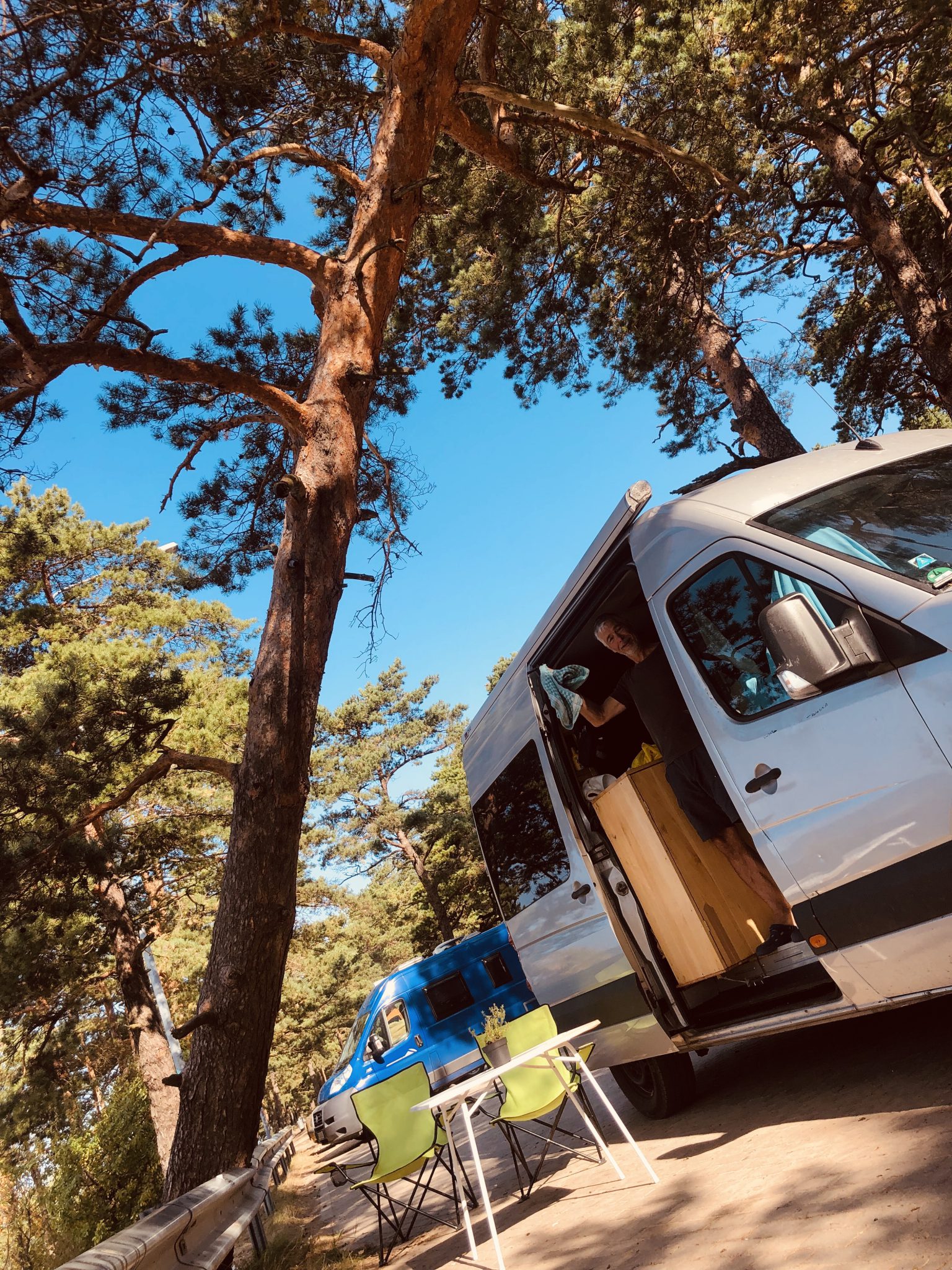 Wohnmobil Stellplatz am Rigaer Meerbusen zwischen Salacgriva und Tuja unter einemr schiefen Kiefer