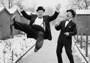 Winter in der Garten Kolonie, Dick und Doof, Dick rutscht aus, Doof lacht. KI generiert.