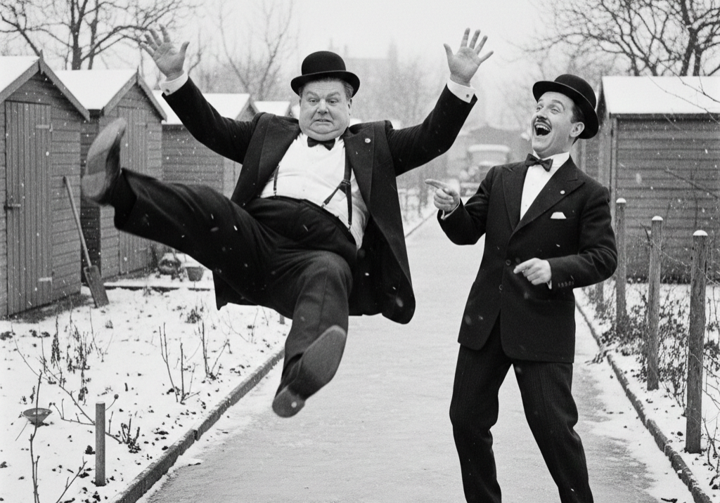 Winter in der Garten Kolonie, Dick und Doof, Dick rutscht aus, Doof lacht