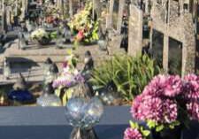 Womo Stellplatz in Polen am Friedhof mit einem Blumen Meer und auf jedem Grab stehen feinste Kristallkugeln,