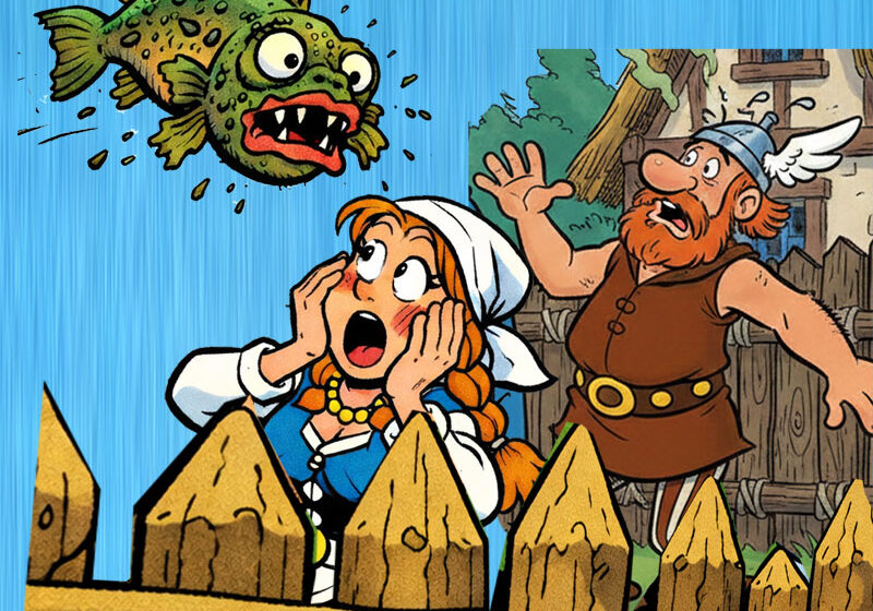 Comic: Gallisches Pärchen starrt auf hässlichen fliegenden Fisch. KI generierte Collage