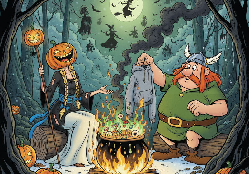 Sankt Martin und Jack Halloween sitzen am Feuer im Kessel Süßigkeiten