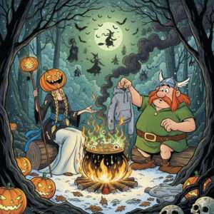 Sankt Martin und Jack Halloween sitzen am Feuer im Kessel Süßigkeiten