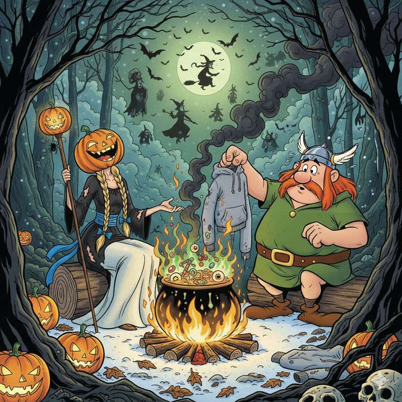 Sankt Martin und Jack Halloween sitzen am Feuer im Kessel Süßigkeiten