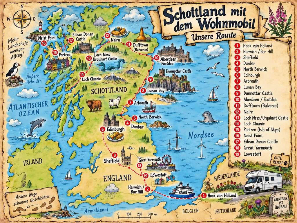 Illustrative Landkarte von Schottland mit der Wohnmobil-Reiseroute und Stationen wie Edinburgh, Aberdeen, Loch Ness und Isle of Skye
