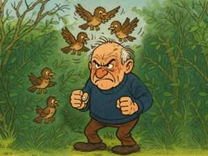 Spatzen fliegen im wilden Garten dem grünen Nachbarn lachend um den Kopf